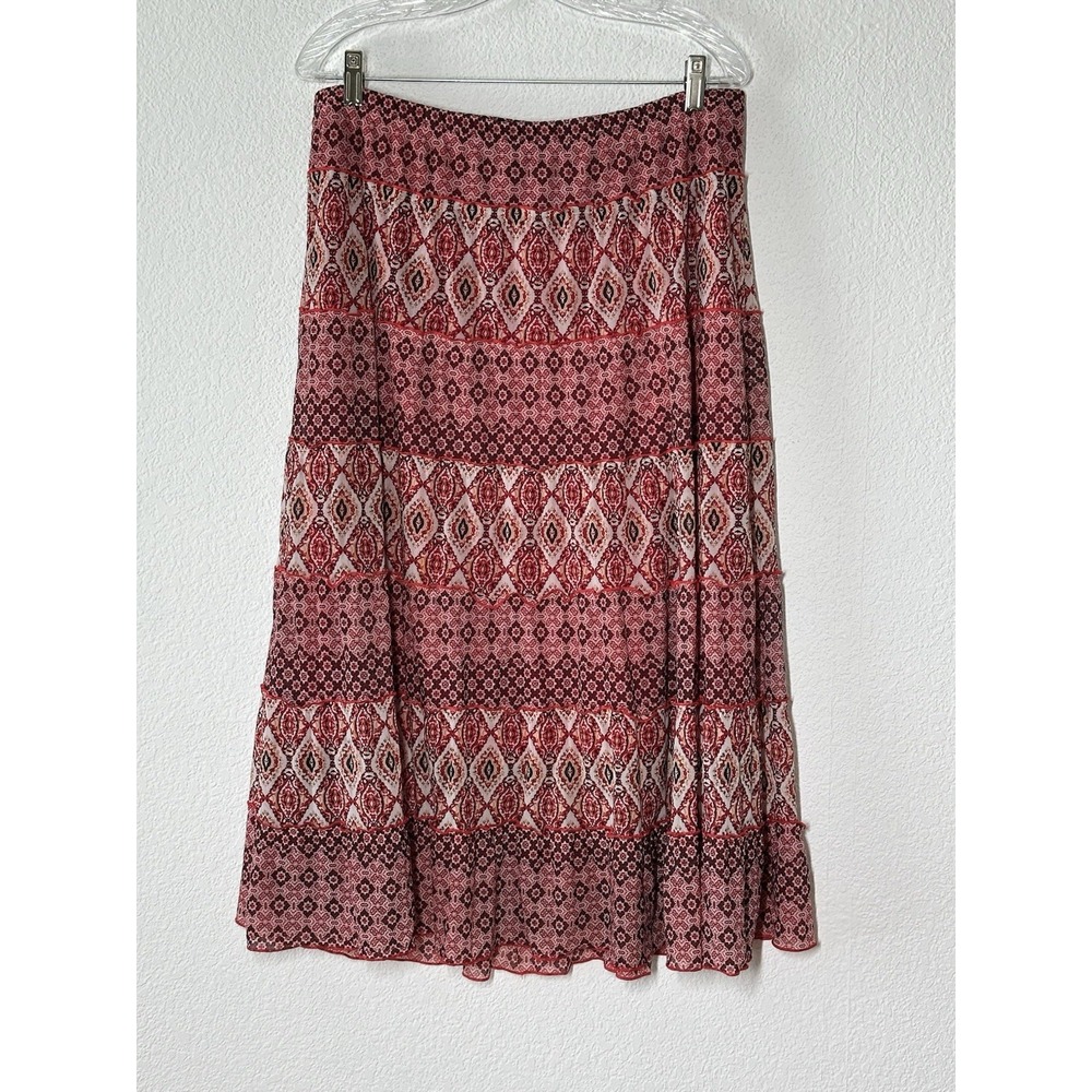 Cottagecore Tiered Midi Skirt Red White Elastic Waist Chiffon‎ Western Picnic Lg